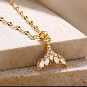 18K Gold Plated Bohemian Mermaid Dolphin Whale Tail Fin Diamond Inlay Necklace
